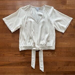 Nine West Natural Linen Blend V-neck Short Sleeve Blouse